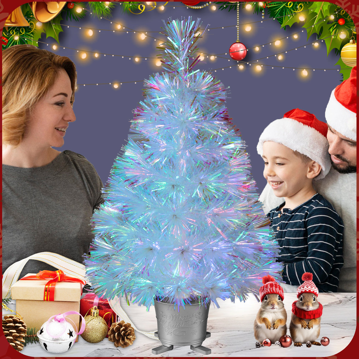 YUETJIN 24 Pre-Lit Mini Fiber Optic Tabletop Artificial Christmas Tree with Seven Colors LED Lights in with Gold Base Pot