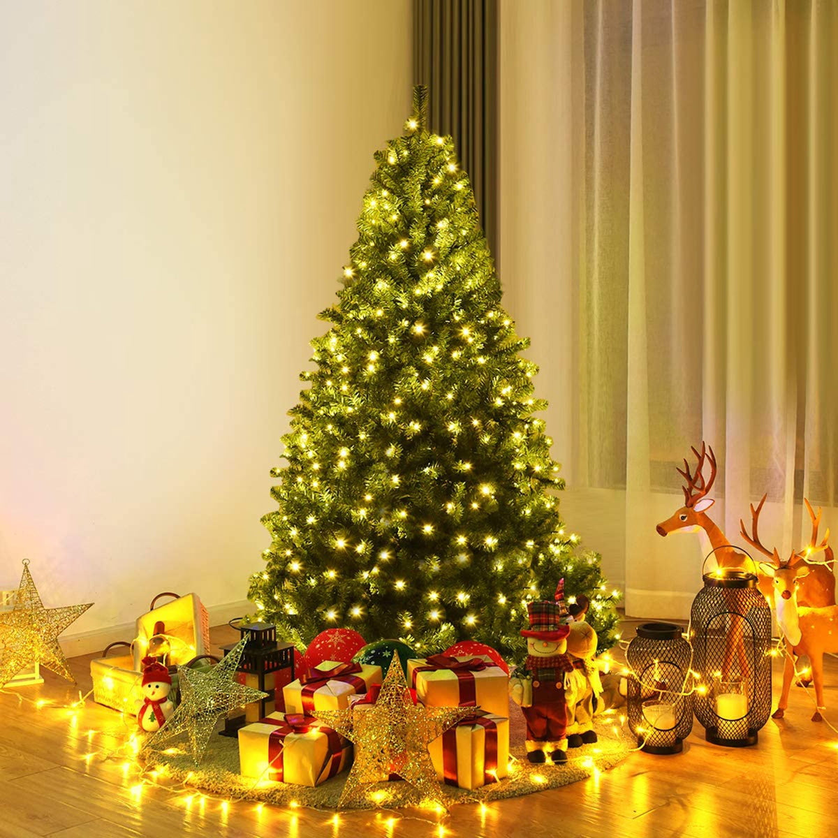 Gymax 8FT Pre-Lit Christmas Tree Hinged Artificial Tree w/ Metal Stand LED Lights