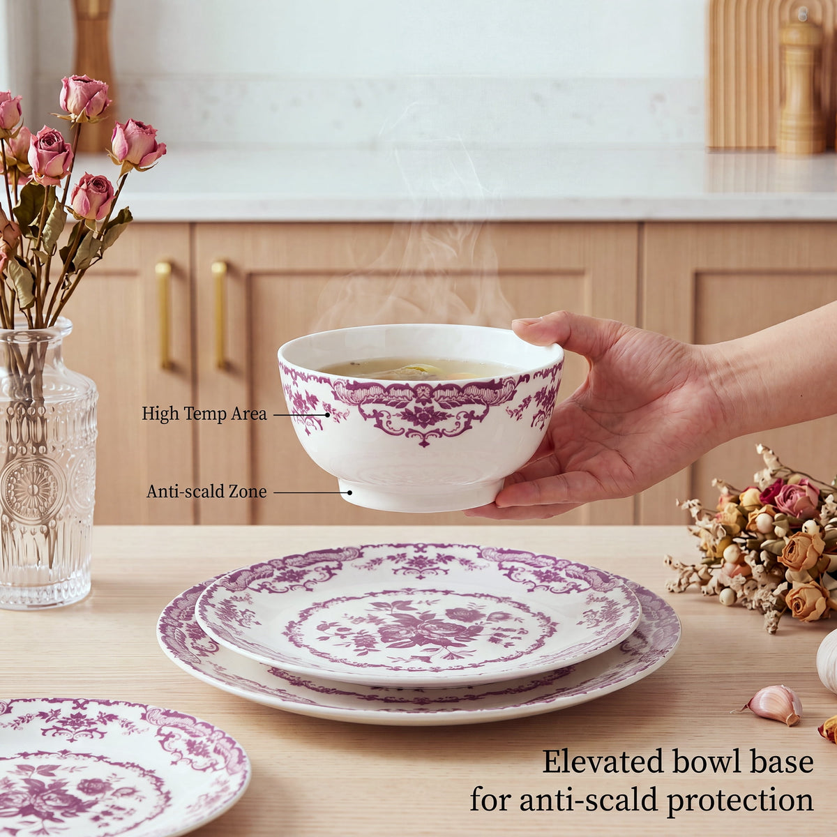 Onader 12 Piece Tableware Set, Rose Floral Dinnerware Set for 4, Ceramic Plates and Bowls Sets for Home Kitchen Restaurant, Scratch Resistant & Microwave Safe, Red
