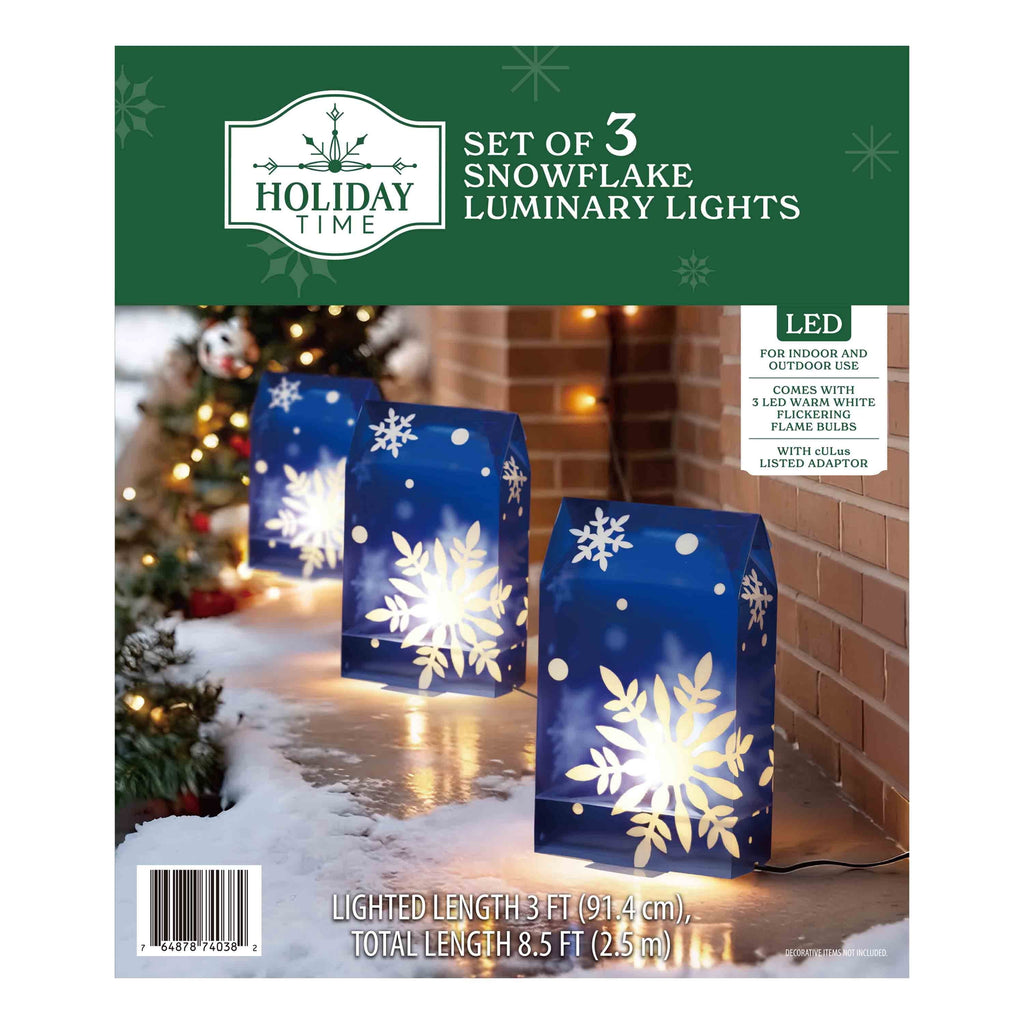 Indoor/Outdoor Snowflake Flickering Luminary Christmas Pathway Lights, Blue and White, Set of 3, by Holiday Time