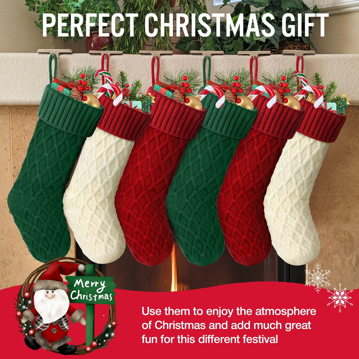 Ayieyill 6pcs Christmas Stockings Large Knitted Xmas Stockings 18 Inches Fireplace Hanging Stockings for Family Holiday Christmas Decoration