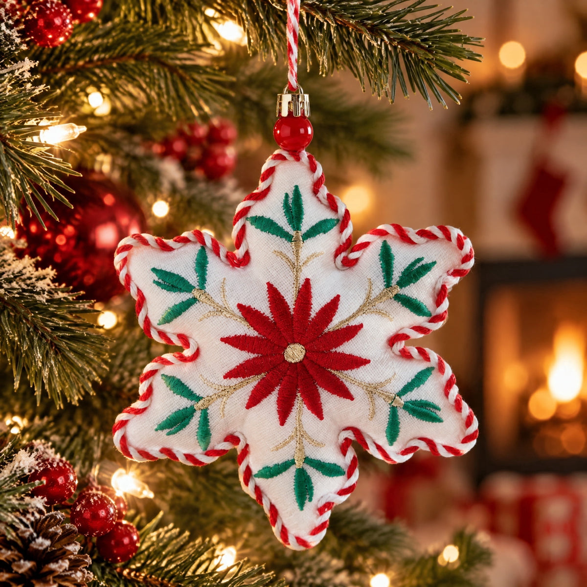 Multicolor Fabric Poinsettia Snowflake Christmas Ornament, 6.5", by Holiday Time