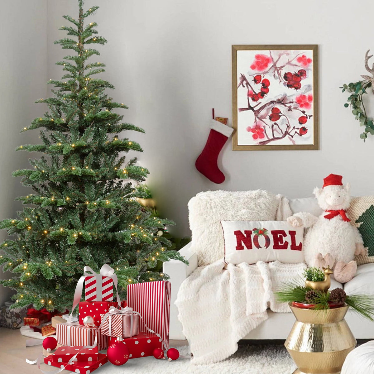 Mayhihi 7FT Pre-Lit Artificial Full Christmas Tree with 400 Lights, Hinged Premium 941 PE & PVC Mixed Branch Tips, Wooden Base, Green