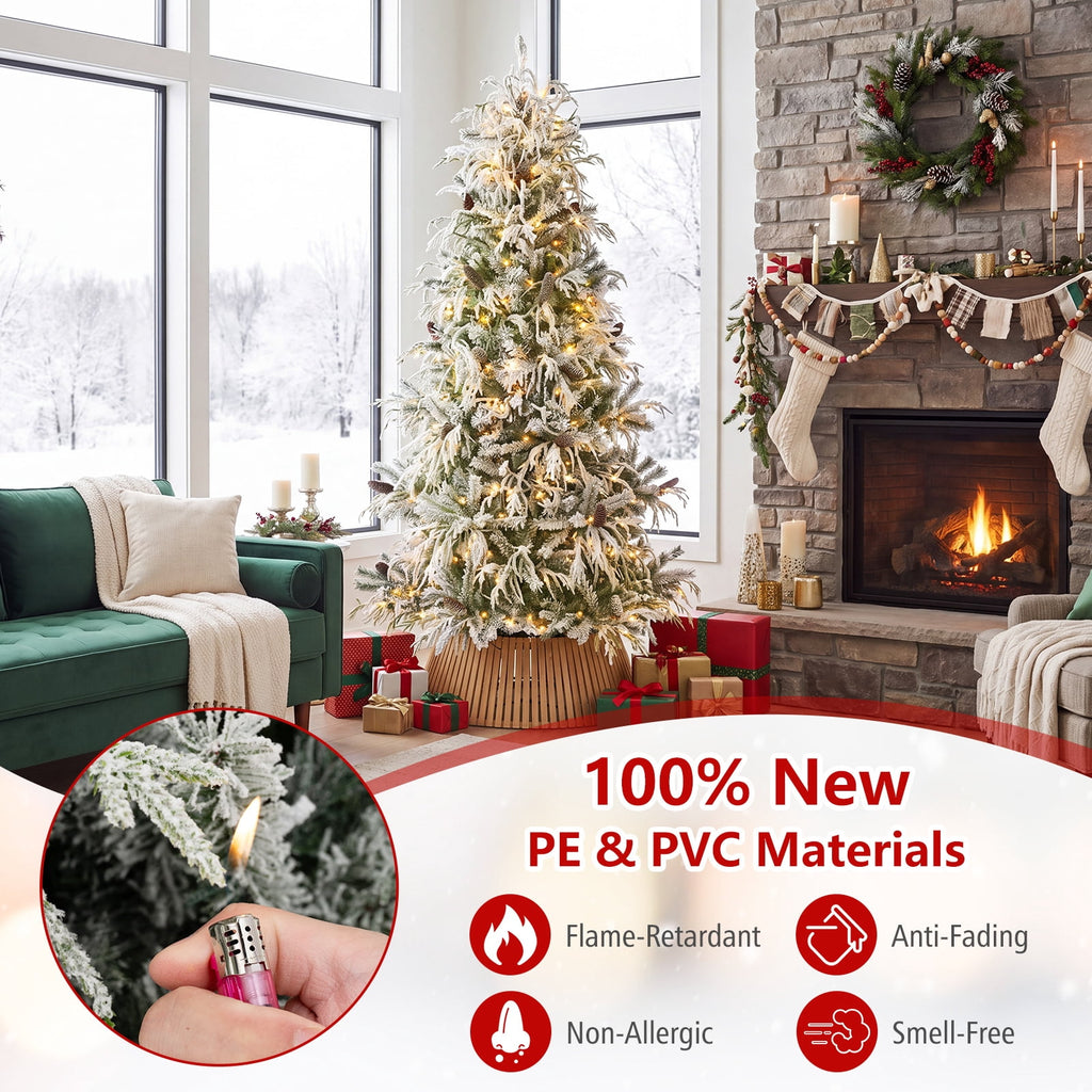 Costway 7 ft Flocked Cypress Christmas Tree with 710 Full PE Branch Tips, 350 LED Lights Sparse-Style White