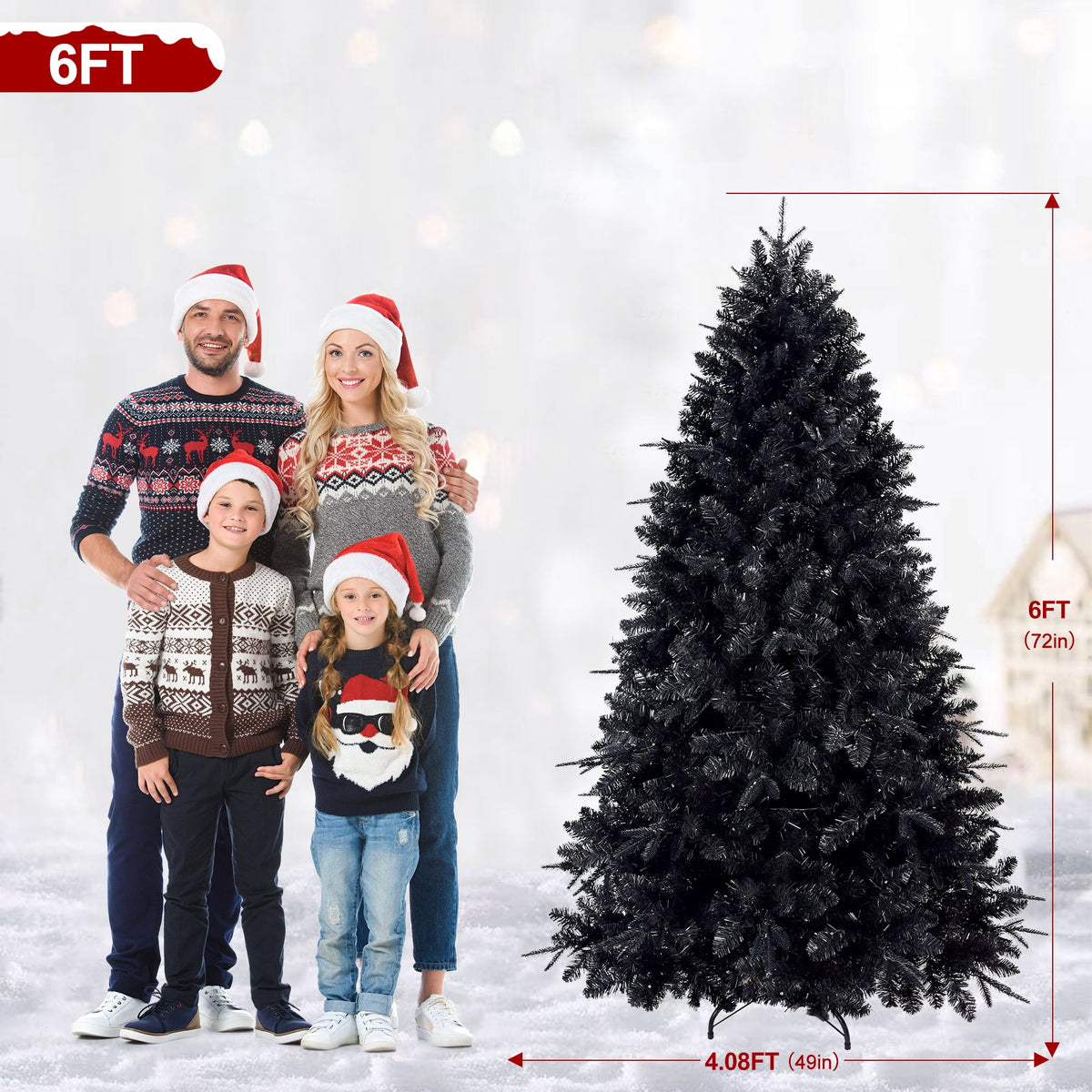 Maylaviu 7FT Gothic Black Christmas Tree, 450 Cold White Lights, 1916 Full Tips, Halloween & Holiday Party Decor, Sturdy Metal Stand
