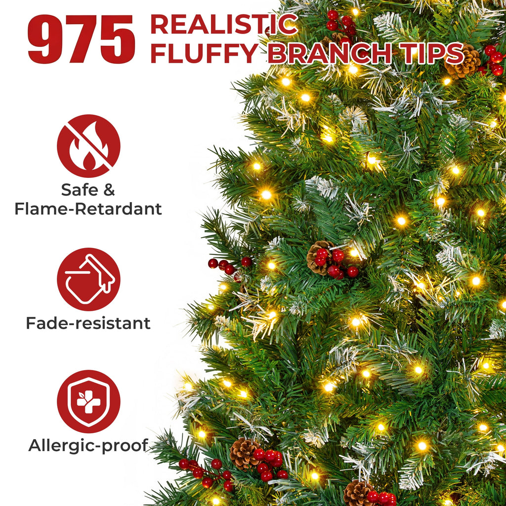 Firstness 6ft Pre-Lit Artificial Christmas Tree with Storage Bag, Warm & Multicolor Xmas Tree with 975 Branch Tips,Pine Cones + Red Berries