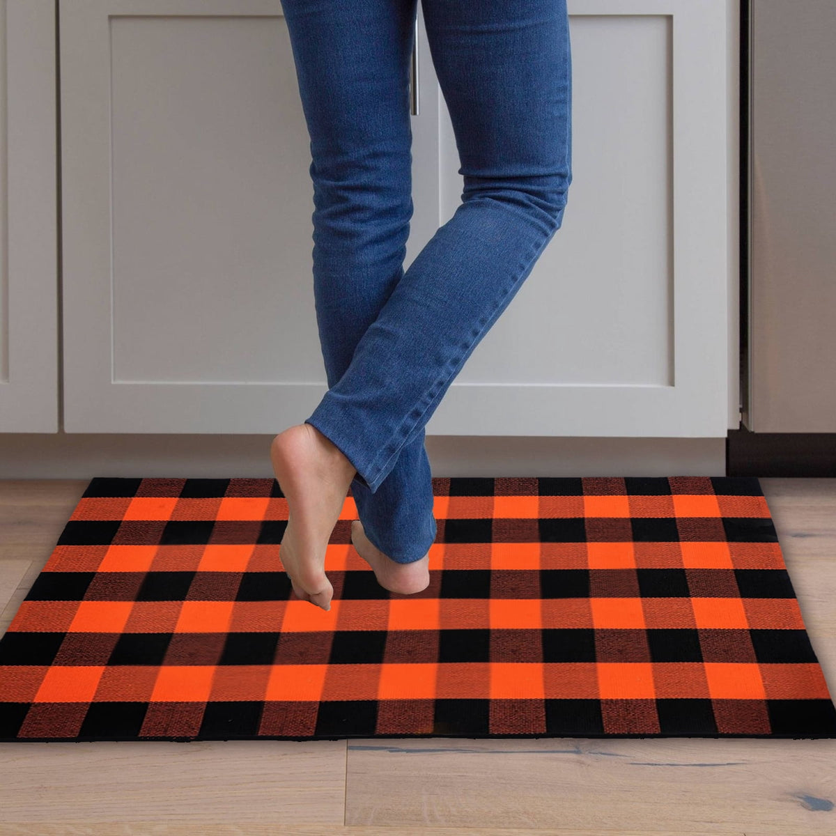 euoloart Buffalo Plaid Orange Black Doormat, 27.5x43 inch Washable Outdoor Mat for Front Porch Entryway
