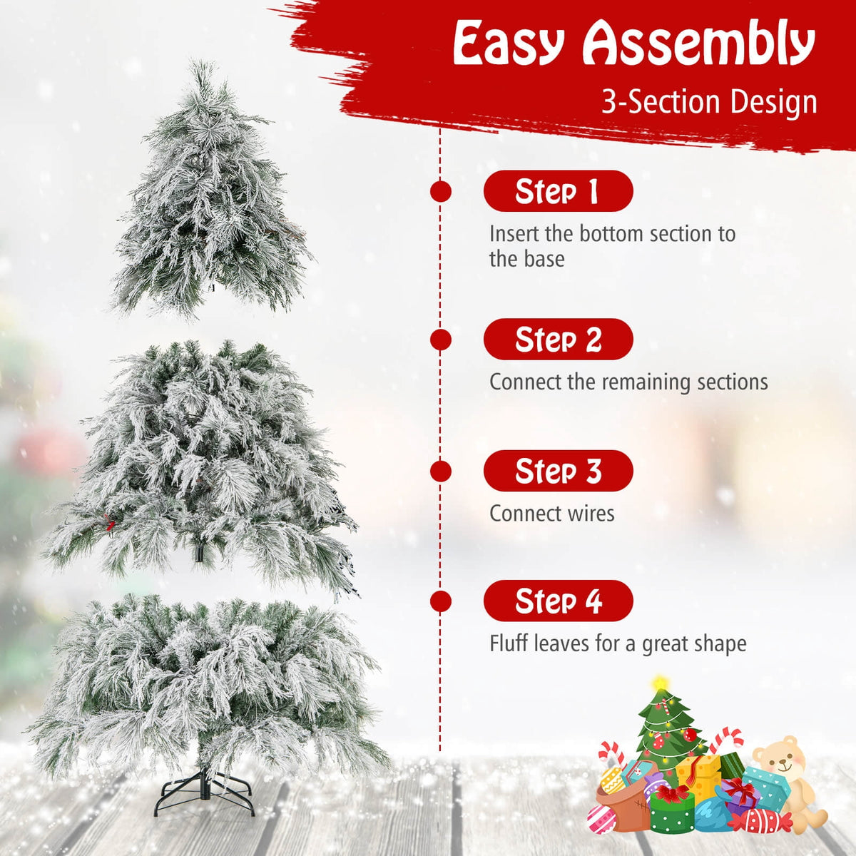 Costway 7 ft Flocked Cypress Christmas Tree with 710 Full PE Branch Tips, 350 LED Lights Sparse-Style White