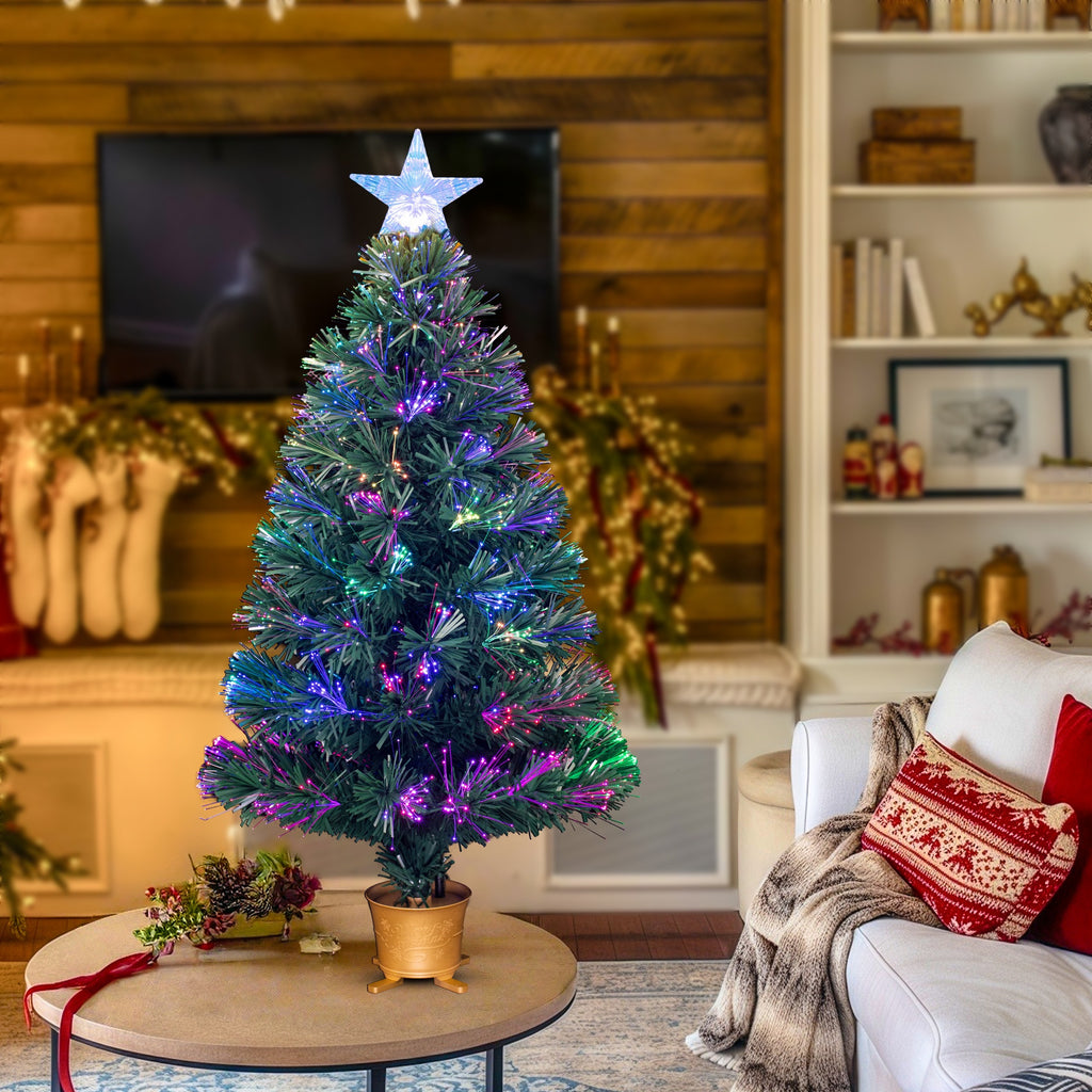 YUETJIN 3ft Pre-lit Mini Fiber Optic Tabletop Artificial Christmas Tree，Small Xmas Trees with Stars Decorations-transparent