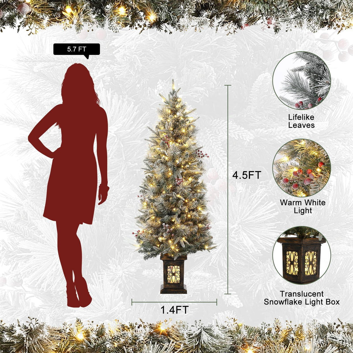 Pre-lit Artificial Christmas Tree 4.5ft Snow Flocked, 386 Tips, 200 Lights, Antique Urn Base, 2 PCS