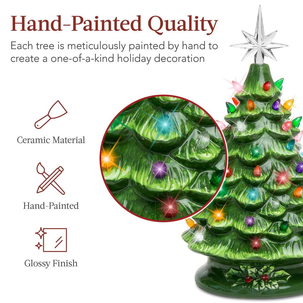 Best Choice Products 15in Ceramic Christmas Tree, Pre-lit Hand-Painted Tabletop Holiday Tree, Gingerbread Red/White/Grn