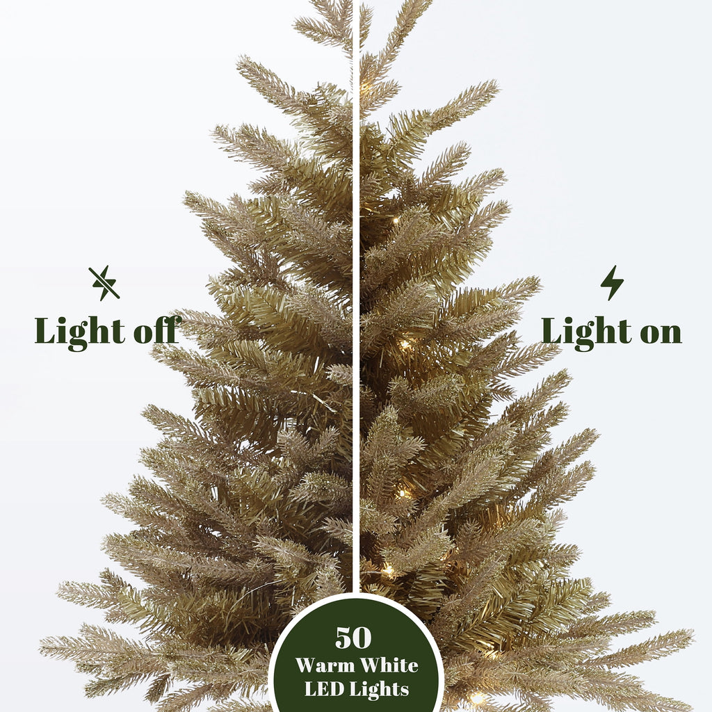 3Ft Gold Branches Artificial Christmas Tree with Battery-Op Lights & Gold Pot