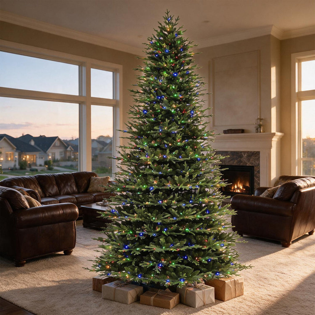 VIVATREES 7.5ft Pre-lit Artificial Christmas Tree Frasier Fir w/ 3325 PVC PE Hinged Branch Tips 450 Multi Color LED Lights Foldable Base