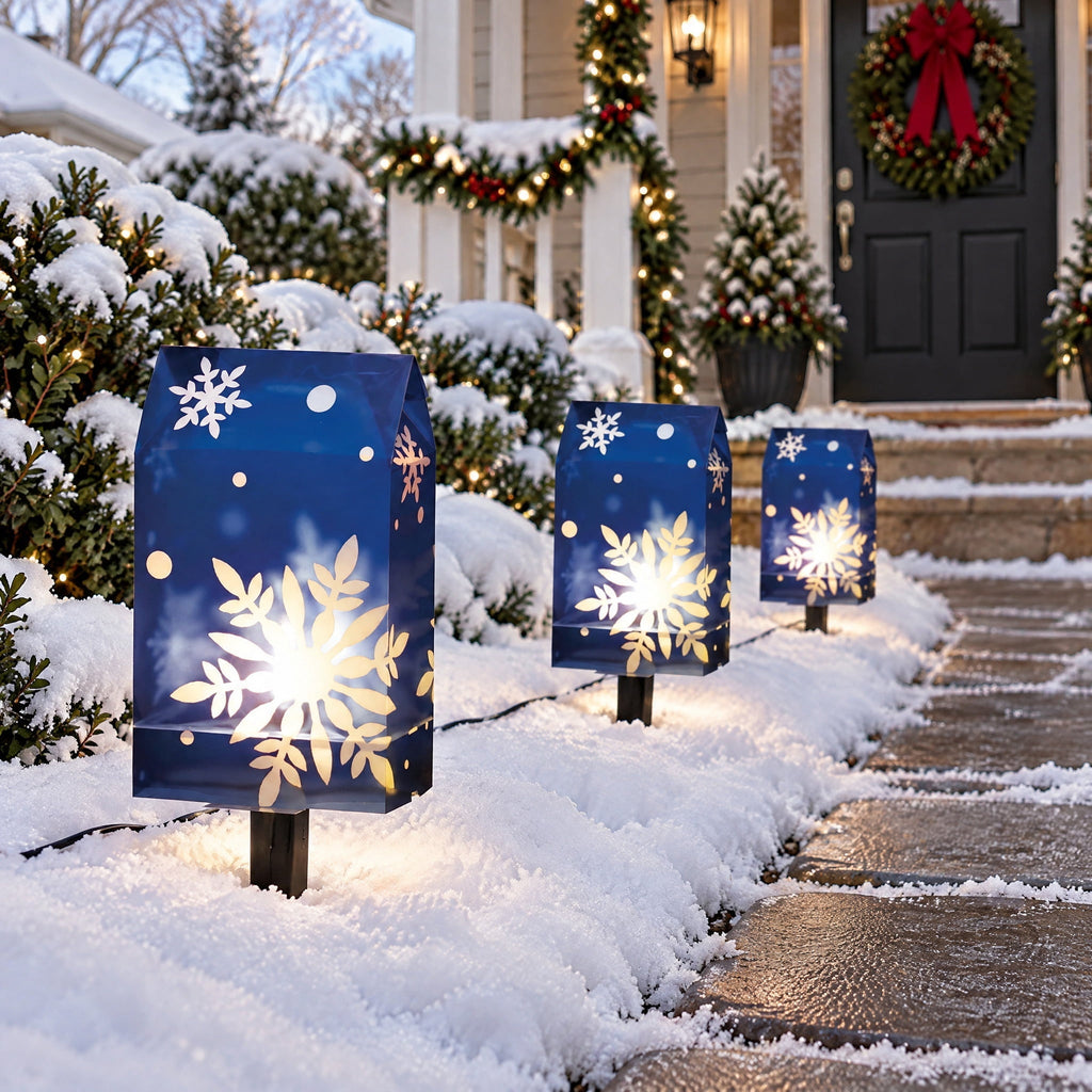 Indoor/Outdoor Snowflake Flickering Luminary Christmas Pathway Lights, Blue and White, Set of 3, by Holiday Time