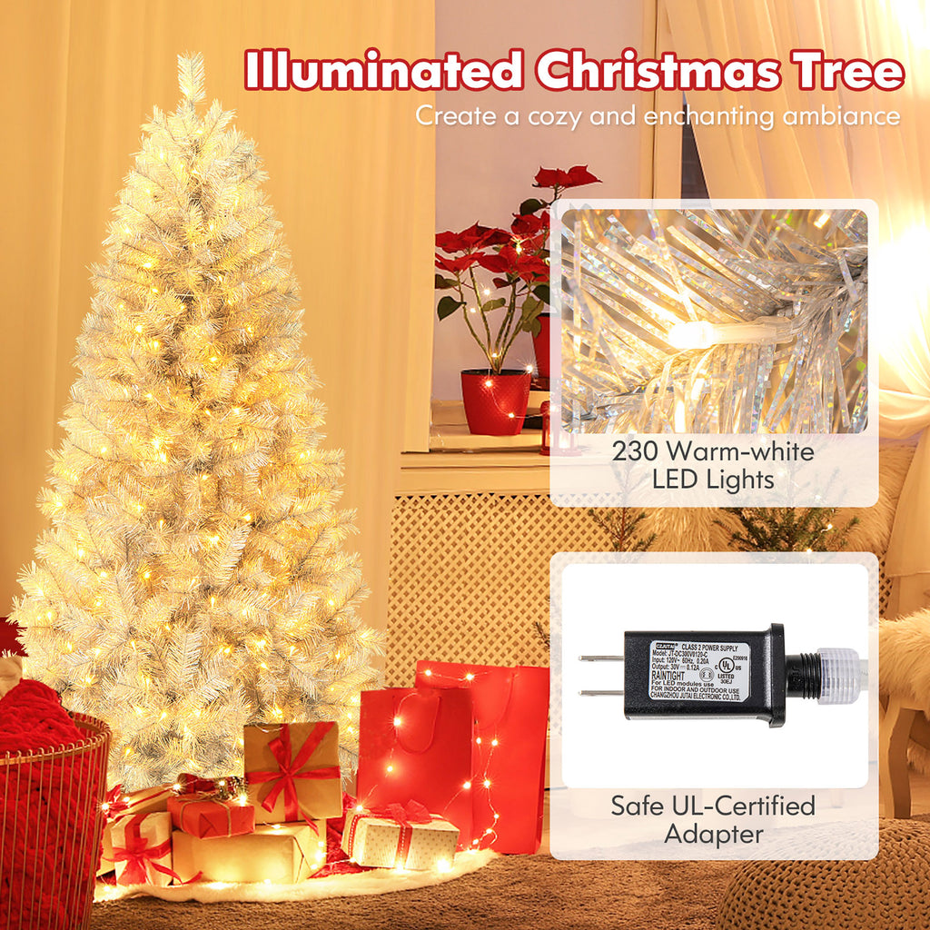 Gymax 7 FT Pre-Lit Artificial Christmas Tree Silver Tinsel Hinged Xmas Tree