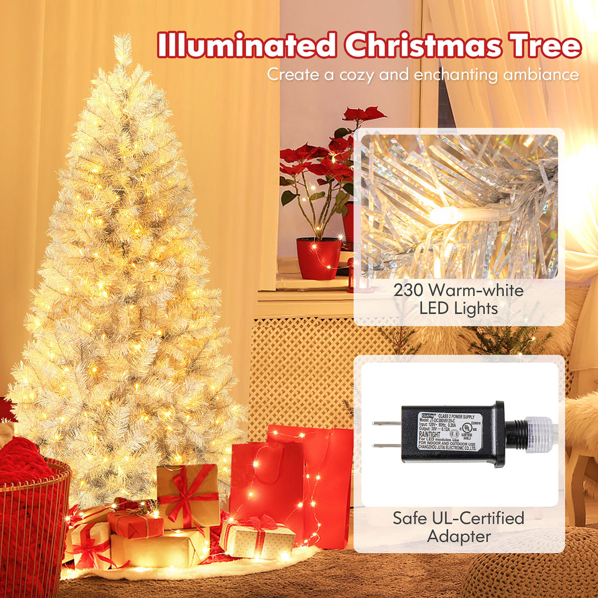 Gymax 7 FT Pre-Lit Artificial Christmas Tree Silver Tinsel Hinged Xmas Tree