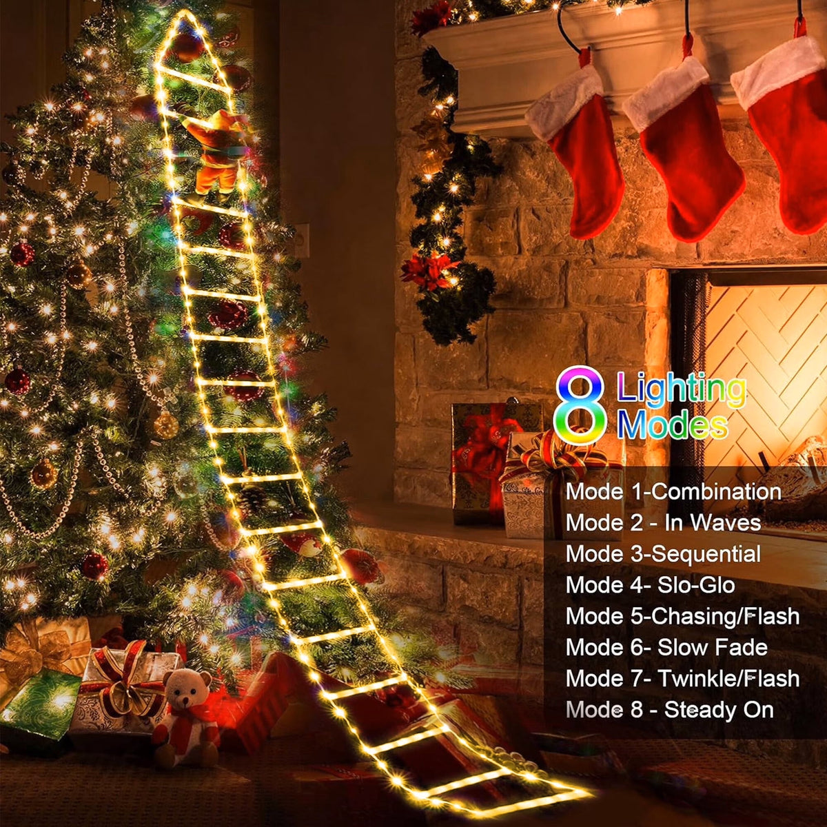 Morfone Christmas Decorations LED Ladder Lights with Climbing Santa Claus, 10.5ft Christmas Decorative String Lights for Indoor Outdoor, Window, Garden, Home, Wall, Xmas Tree Decor, Multicolor