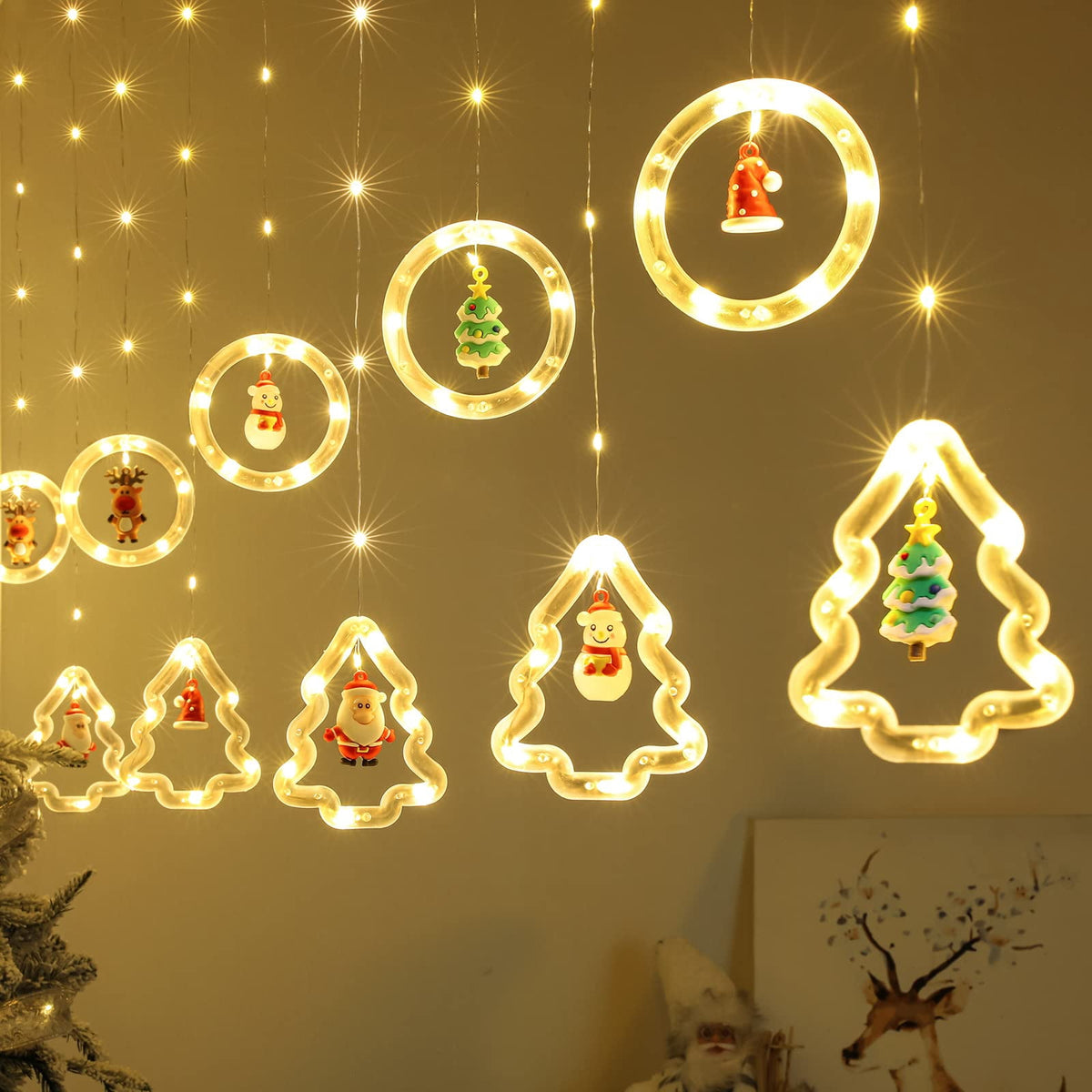 WILLED Christmas String Lights, 120 LED Window Curtain Lights with Christmas Ornaments, 9.8ft USB Powered Warm White Waterproof Fairy Lights Indoor Outdoor for Xmas Tree Patio Garden Party Home Decor