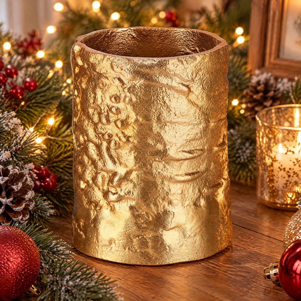 Small Metal Christmas Pillar Candle Holder, Rustic Gold, 4", by Holiday Time