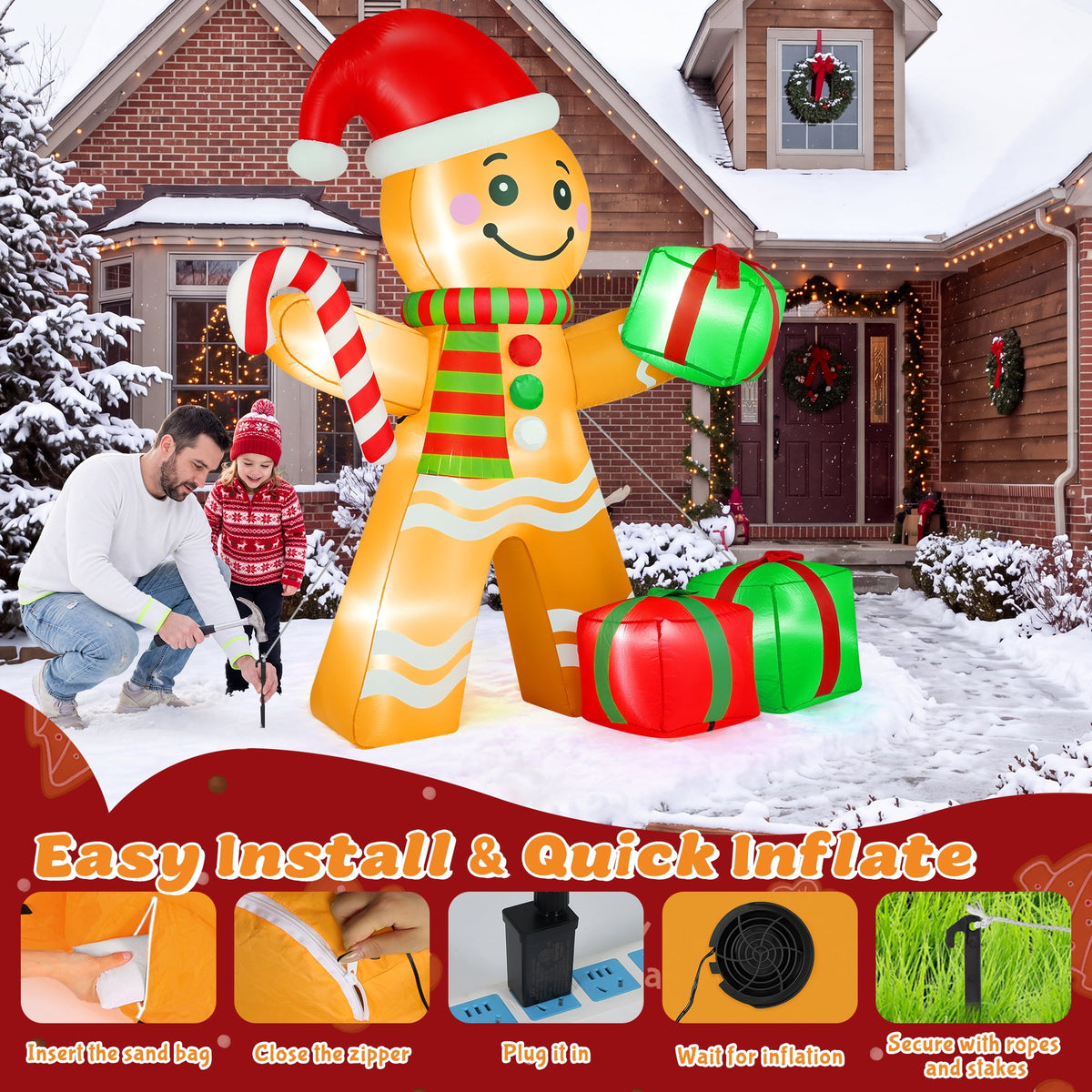 Yexmas 6FT Christmas Inflatable Gingerbread Man with Candy Cane and Gift Boxes, Blow Up Outdoor Yard Decor with Built-In LED Lights for Lawn Garden