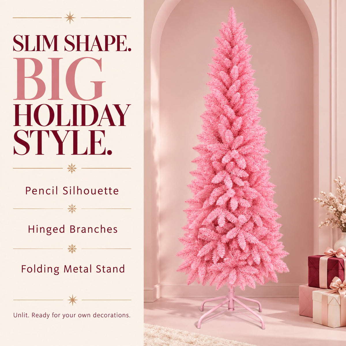 Ahititi 7 FT Red Christmas Tree, Slim Artificial Pencil Tree with 950 PVC Tips, Hinged Branches & Folding Stand, Holiday Decor