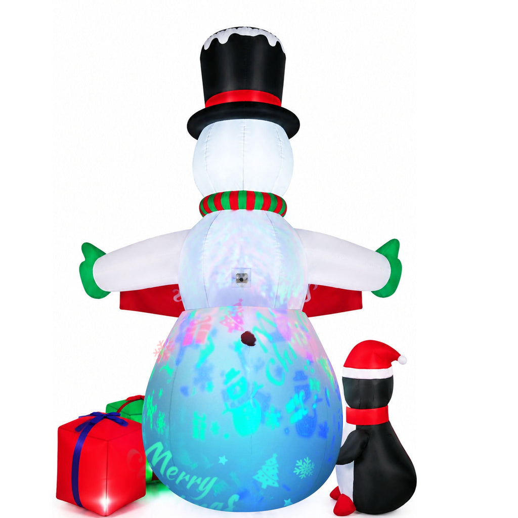Yexmas 8FT Christmas Inflatable Snowman Blow Up Yard Decor with 360° Colorful Projection, Music On/Off, Penguin, Gift Boxes, Merry Christmas Banner for Outdoor Yard Decor
