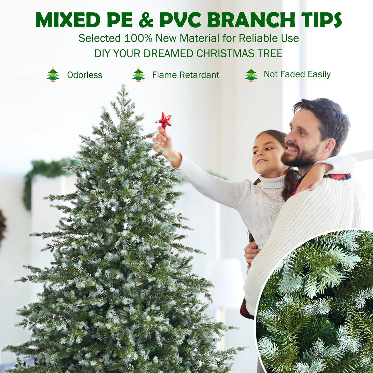 Costway 7ft Artificial Christmas Spruce Hinged Tree w/ 1260 Mixed PE & PVC Tips