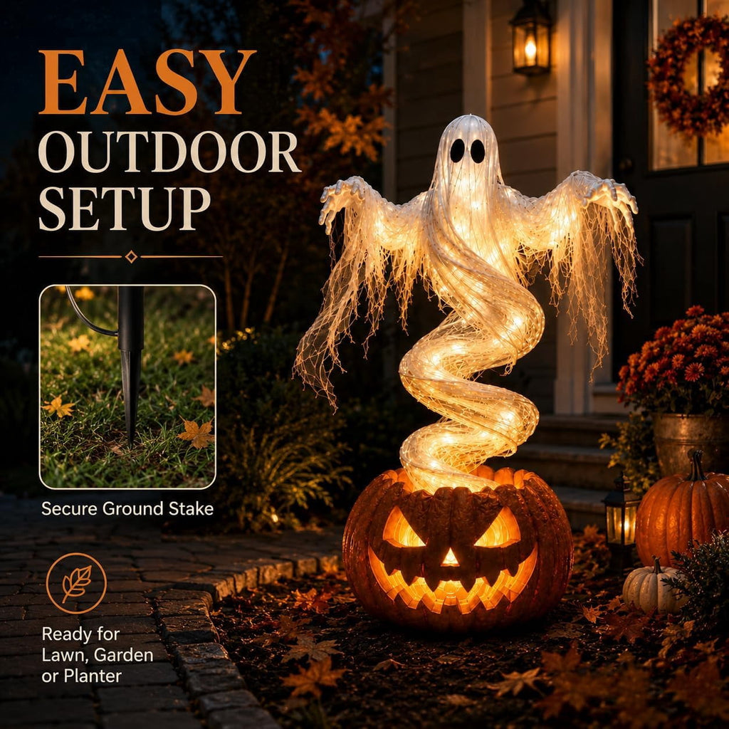 Swirling Ghost Pumpkin Yard Lamp, Outdoor Porch Decoration with Rotating Light Effect