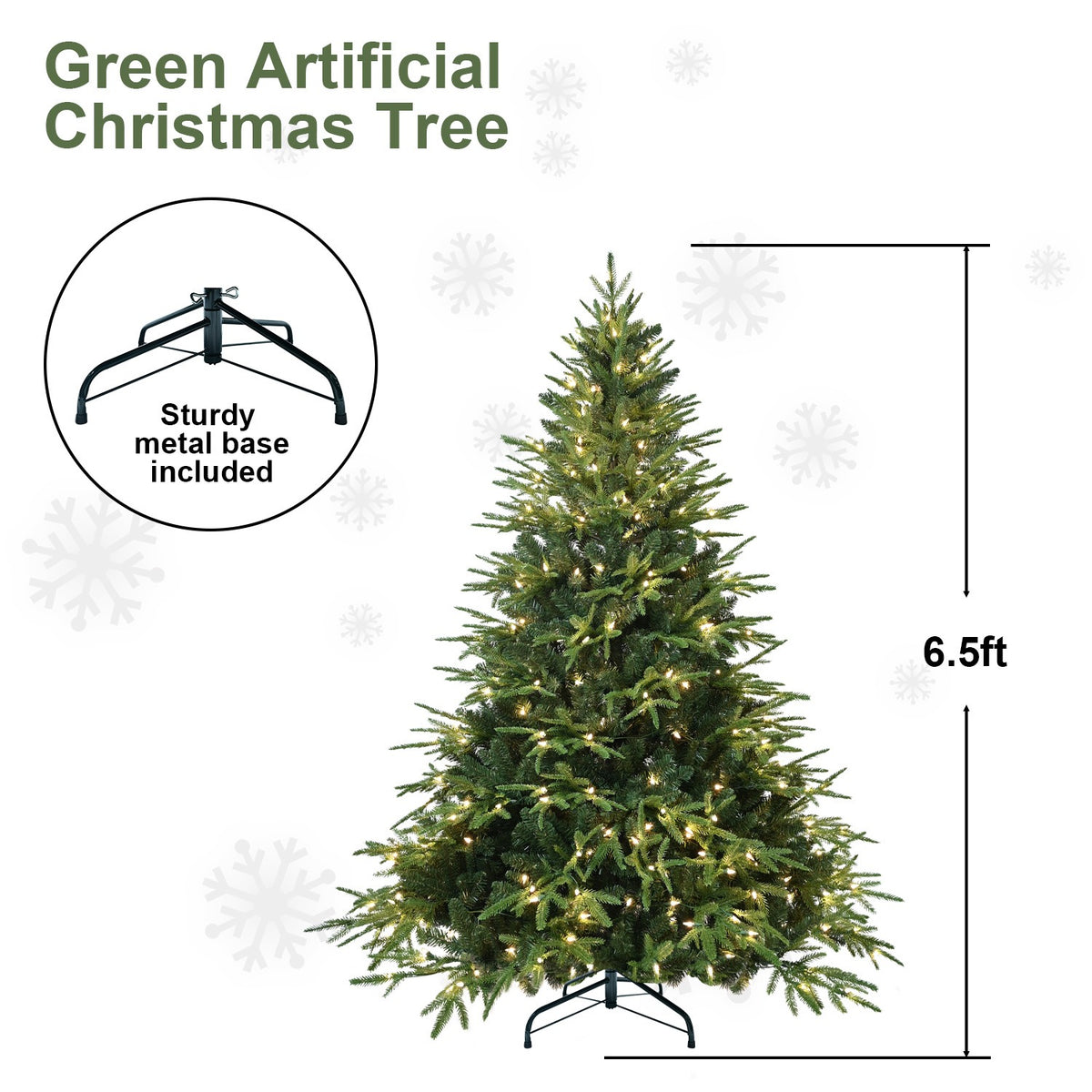 Artificial 6.5ft Green Christmas Tree with 2225 PE/PVC Mixed Branch Tips, 450L warm white led, Steel wire, Hinged Premium & Foldable Base for Indoor Holiday Decorating