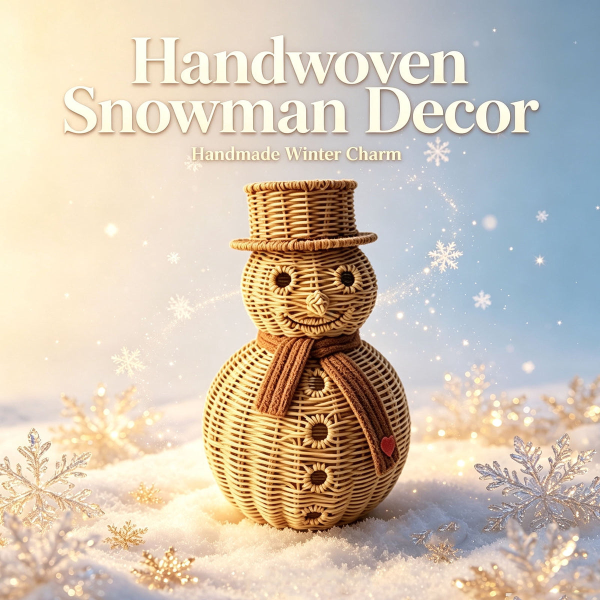 FeiBiQiuBi 14.9" Resin Rattan Style Snowman, Rustic Snowman Decorations with Bow, Woven Natural Style Freestanding Design Winter Farmhouse Decor for Home Kitchen Garden, Holiday Table Mantel Decor