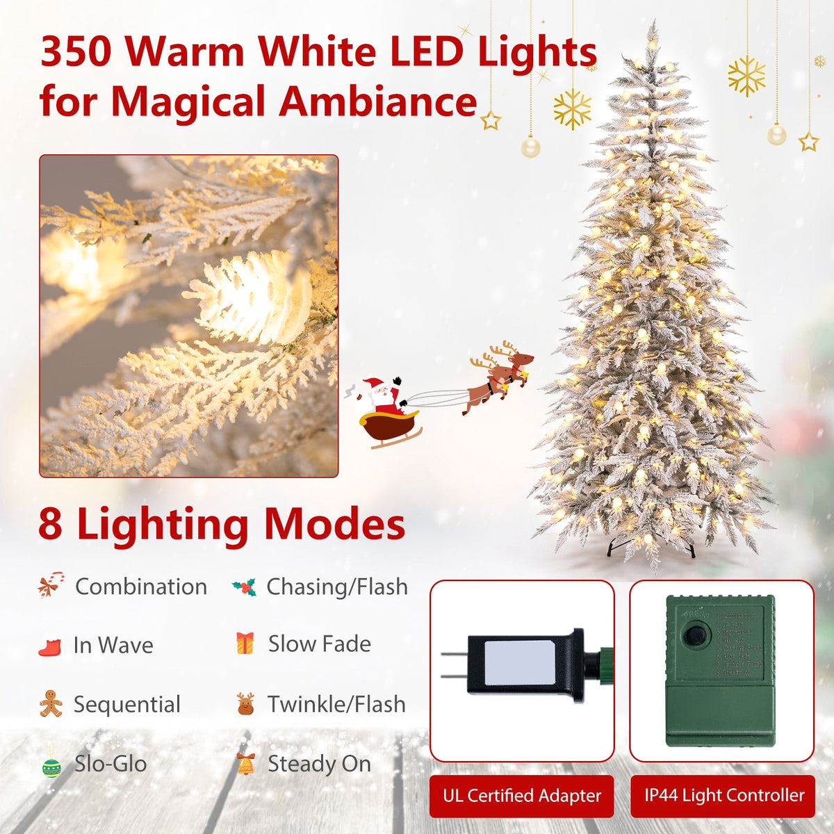 Costway 7 ft Flocked Cypress Christmas Tree with 710 Full PE Branch Tips, 350 LED Lights Sparse-Style White
