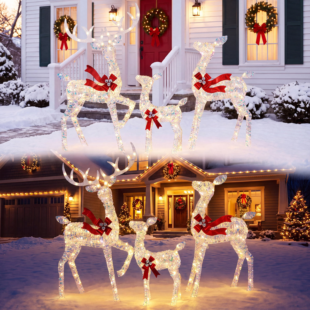FOOWIN 3-Piece Large Christmas Deer Family, Lighted Outdoor Christmas Decoration, Champagne Gold