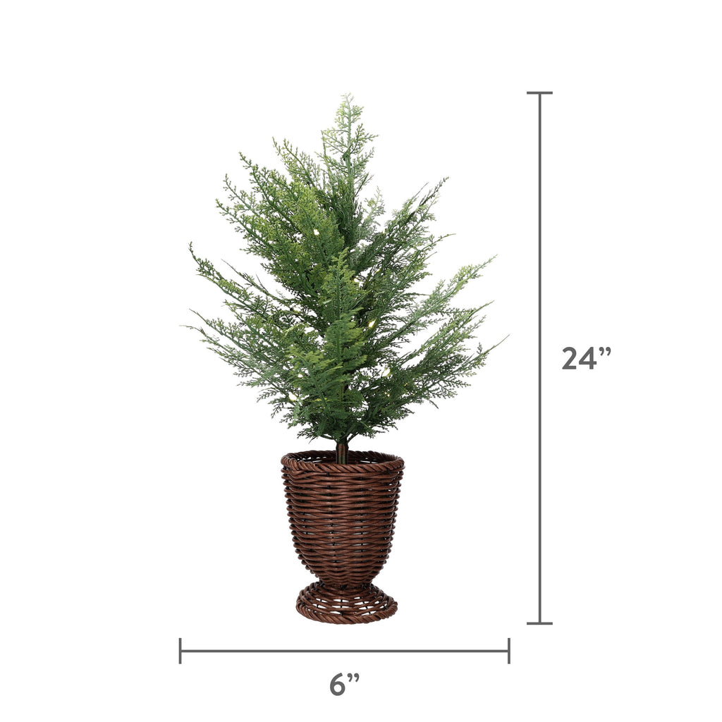 My Texas House 24" Small Pre-Lit Cypress Green Artificial Christmas Tree with 30 Warm White Twinkle LED Lights in Woven Basket