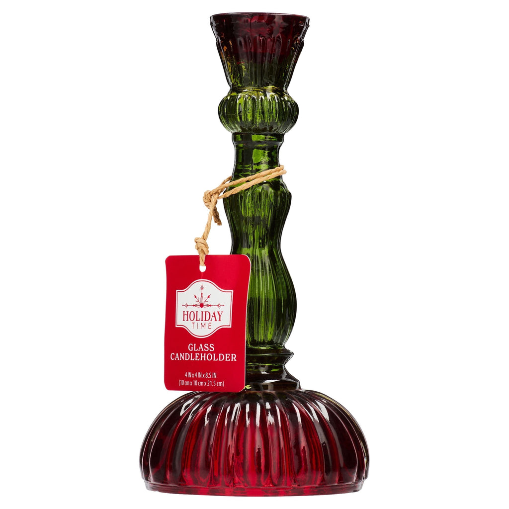 Red and Green Ribbed Glass Christmas Taper Candle Holder, 8.5", by Holiday Time