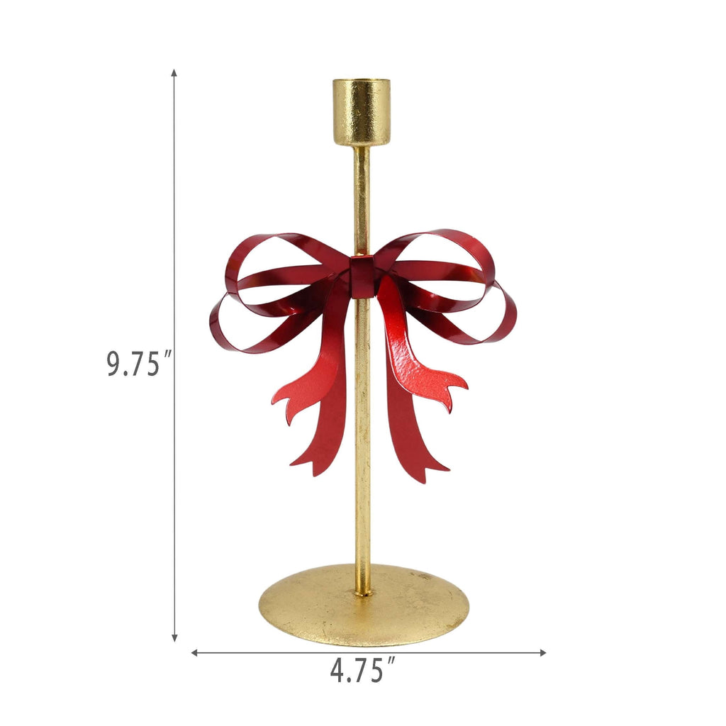Medium Gold and Red Bow Metal Christmas Taper Candle Holder, 9.5", by Holiday Time