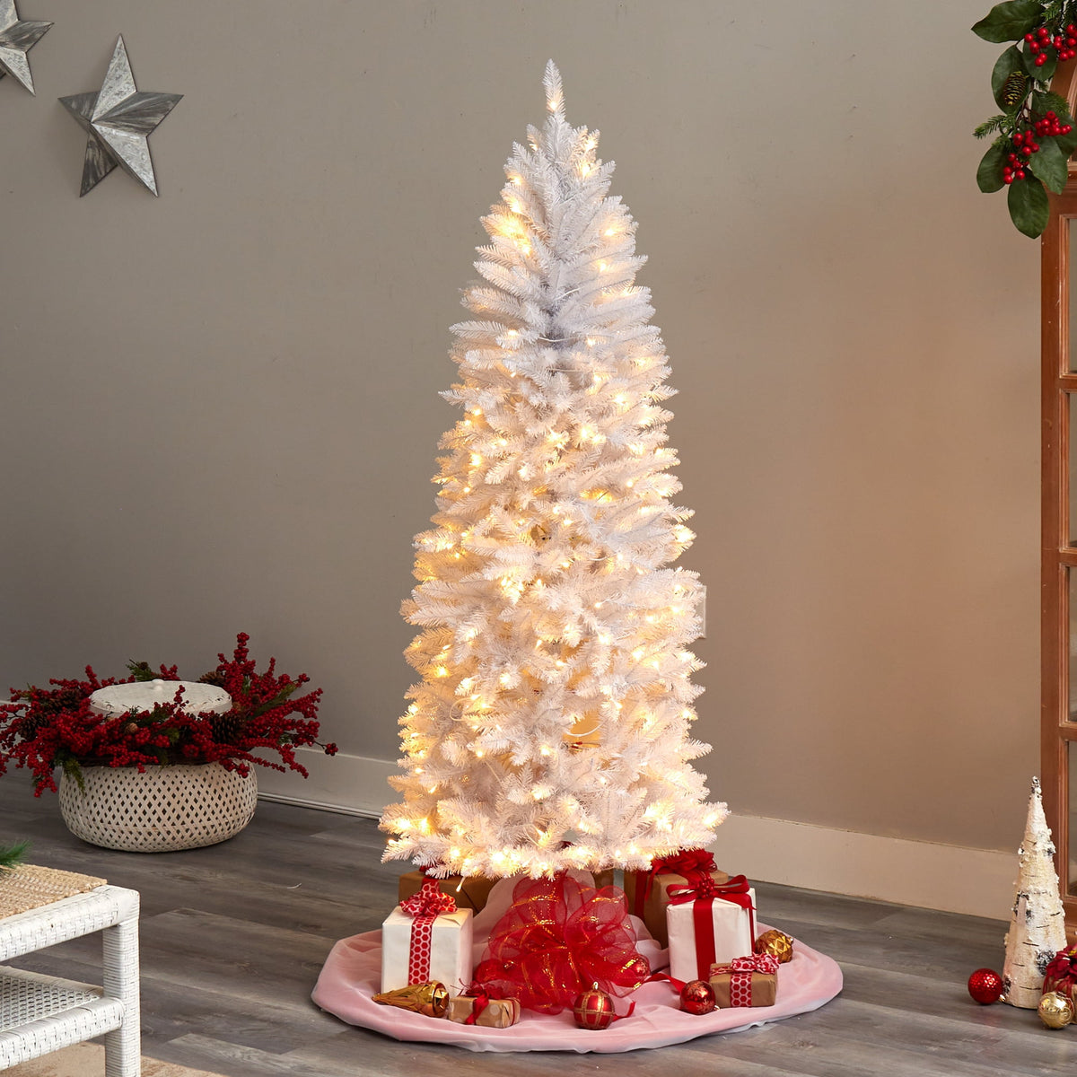 Nearly Natural 3' White Slim Artificial Christmas Tree Prelit 50 Warm White LED Lights