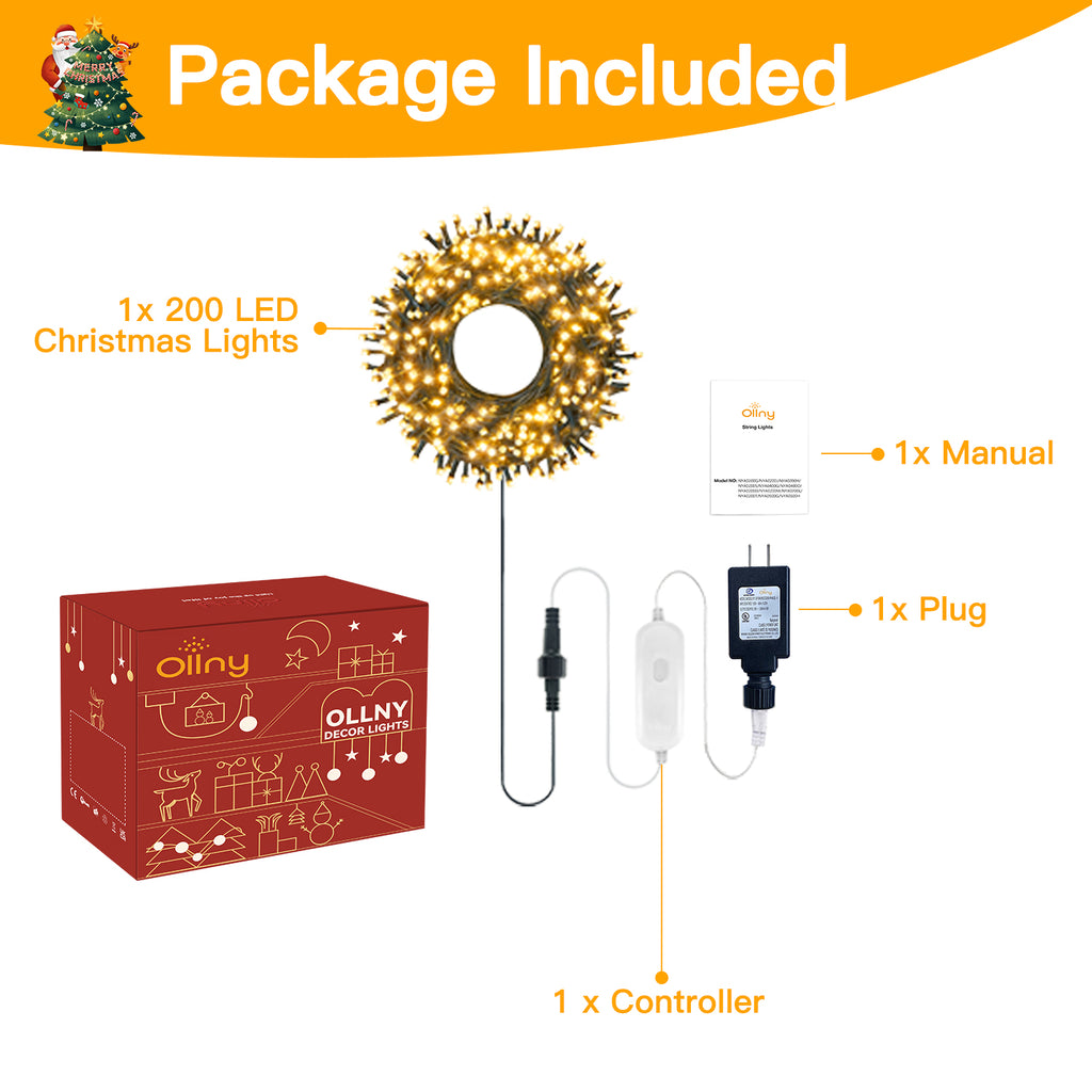 Ollny 66ft 200 LED Christmas String Lights, 8 Lighting Modes 3 Timing Waterproof Indoor Outdoor Christmas Lights for Party Garden Holiday, Warm-white