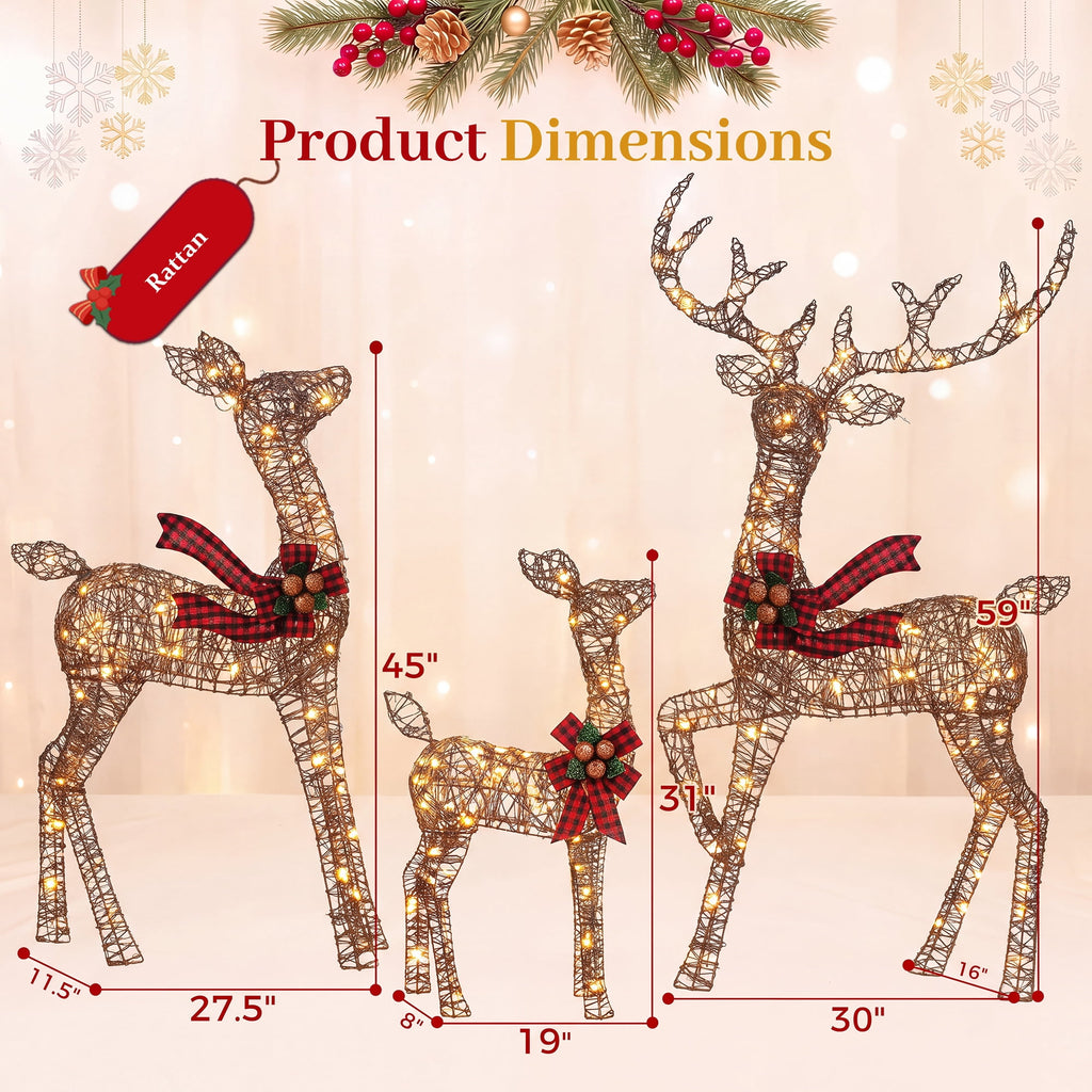 FOOWIN 3-Piece Large Christmas Deer Family, Lighted Outdoor Christmas Decoration, Champagne Gold