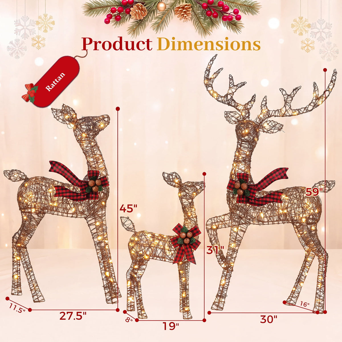 FOOWIN 3-Piece Large Christmas Deer Family, Lighted Outdoor Christmas Decoration, Champagne Gold