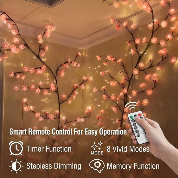 48LED/3.94FT Cherry Blossom Vine Lights with Remote Control, 8 Lighting Modes for Bedroom Wall and Indoor Decor