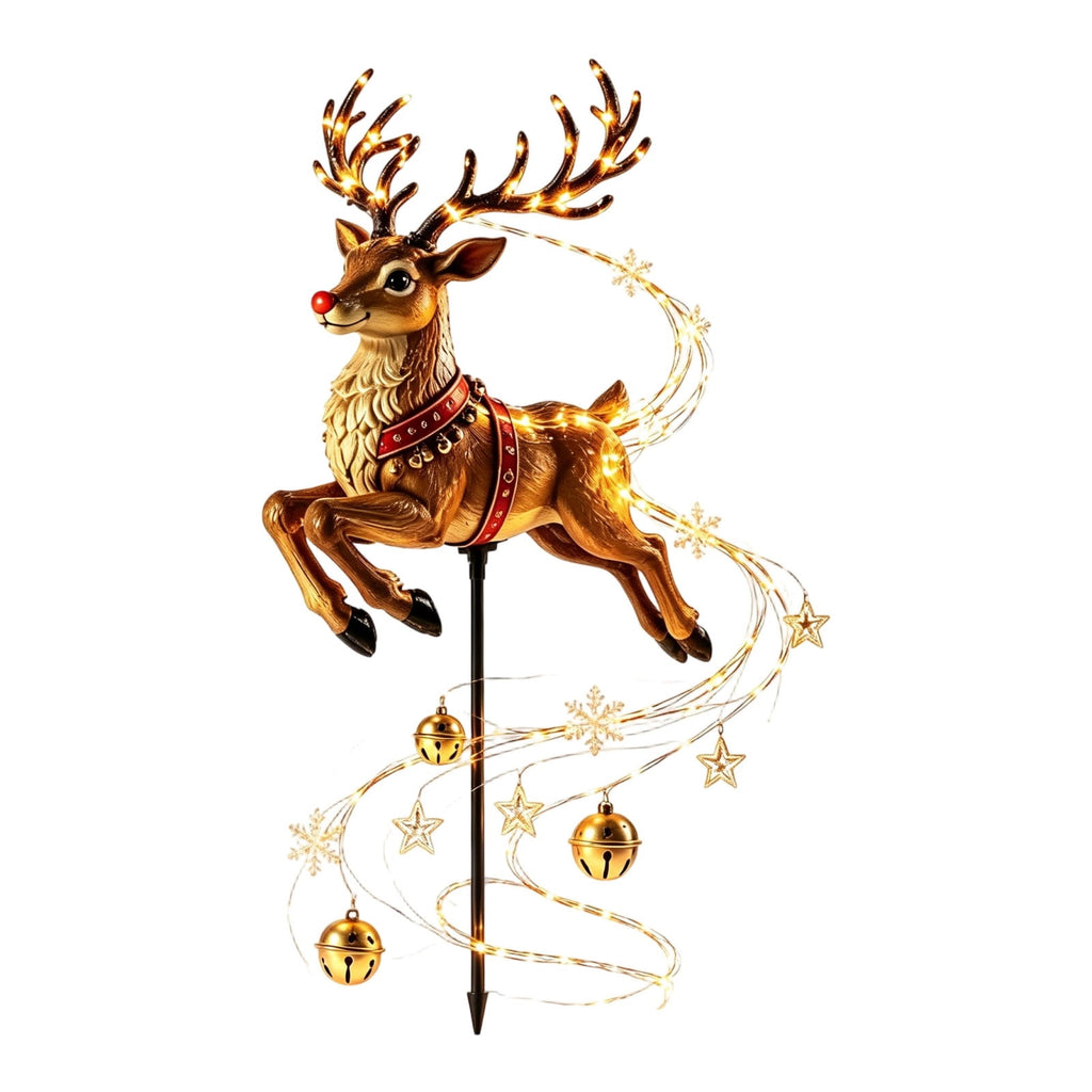 Solar Reindeer Christmas Garden Stake Light, Flowing LED Stars and Snowflakes, Resin Outdoor Holiday Yard Decoration for Lawn, Pathway, Porch, Garden and Entryway, 31.5 in Multicolor