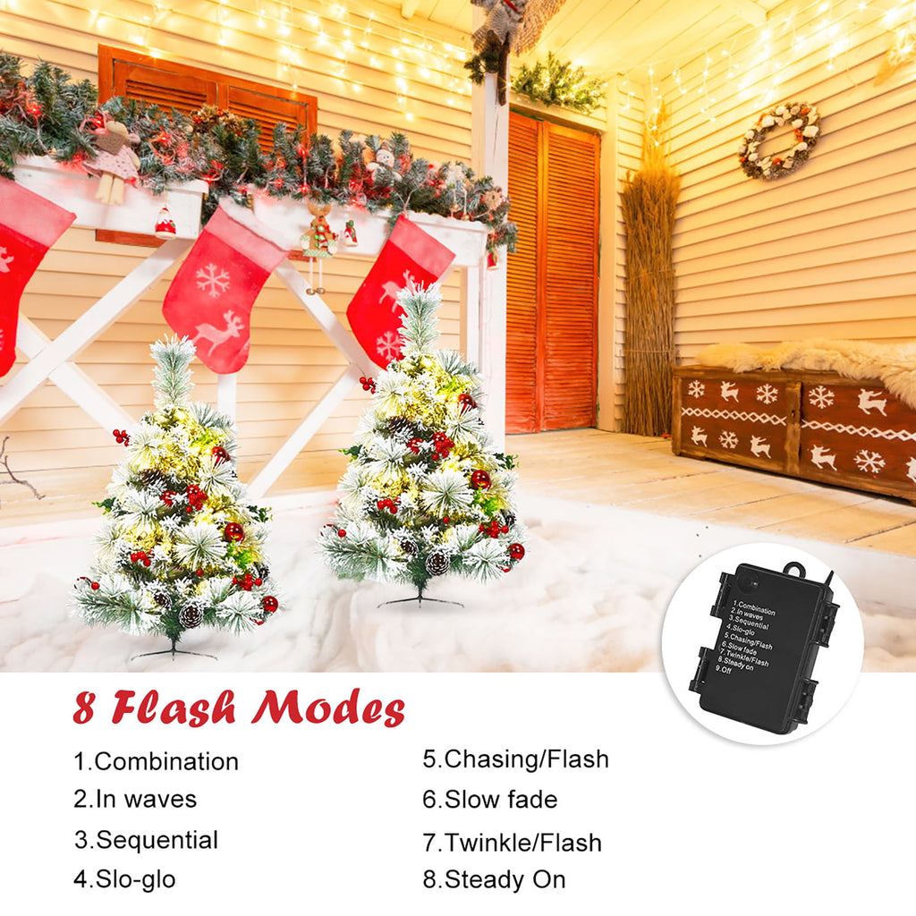 Costway Set of 2 29 in Battery Powered Pre-lit Pathway Flocked Christmas Trees Outdoor