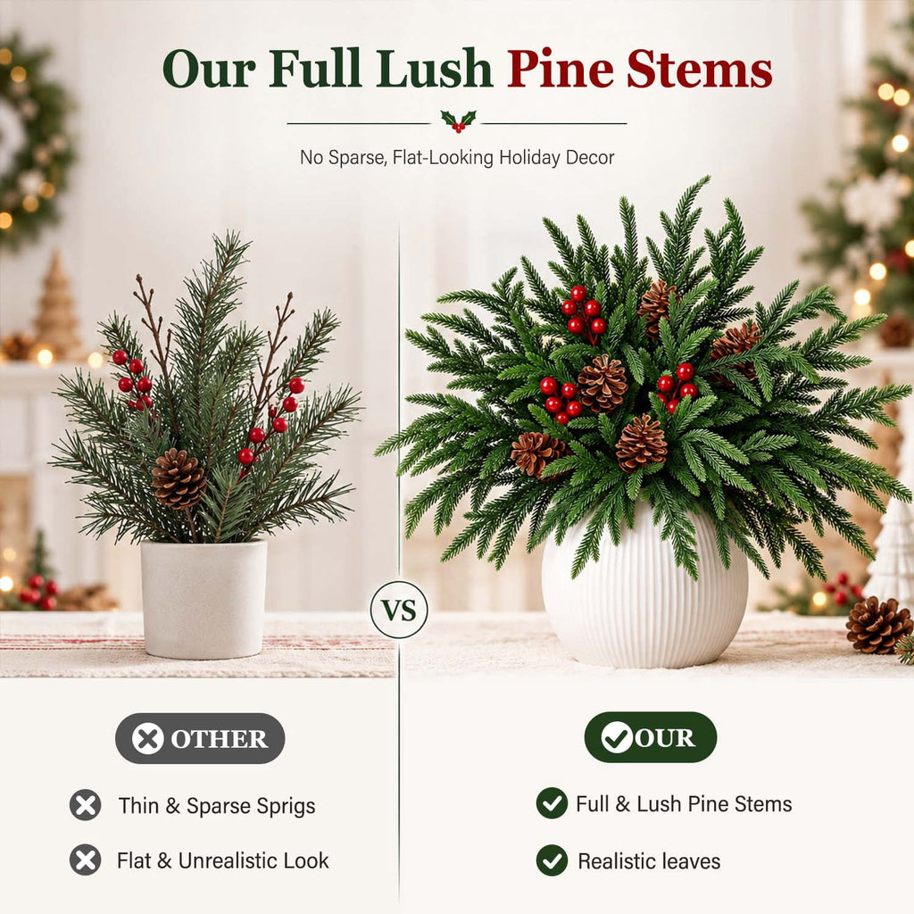 Ayieyill 39 Pack Artificial Pine Branches, 13.5 Inch Christmas Greenery Stems with Red & White Berries for Vase DIY Christmas Decorations Indoor