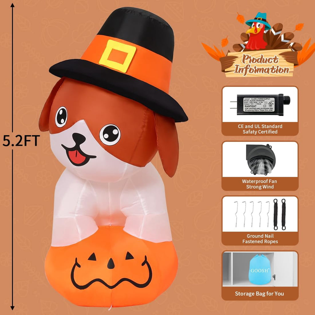 GOOSH 5.2 FT Tall Thanksgiving Inflatables Dog with Pilgrim Hat, Cute Puppy Standing on Pumpkin with Pilgrim Hat with Built-in LEDs, Outdoor Thanksgiving Inflatables Clearance for Garden Party Decor