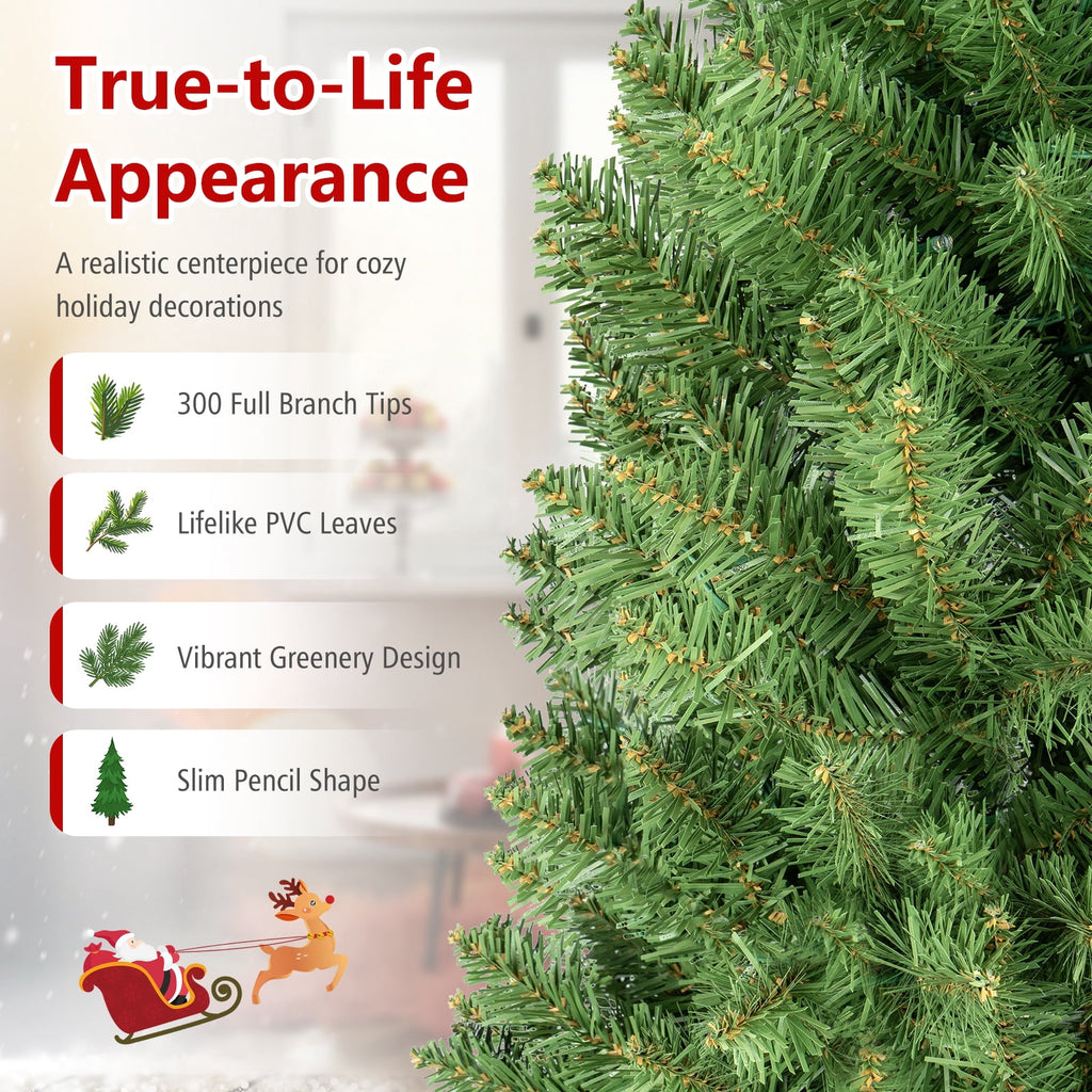 Costway 6Ft Pre-lit Artificial Pencil Christmas Tree Hinged Fir PVC Tree with 250 LED Lights