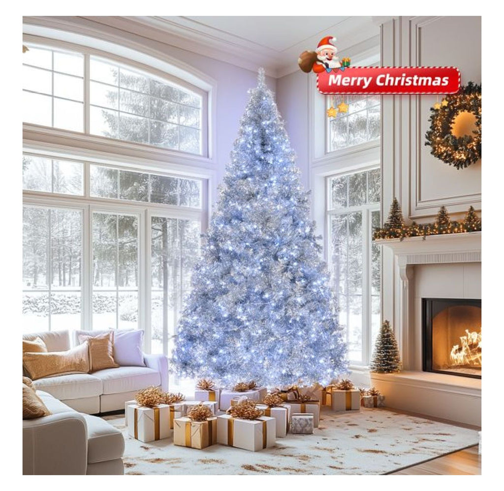 8ft Pre-Lit Silver Christmas Tree, 1350 Tips, 500 Lights, Hinged Xmas Pine Tree with Remote, Indoor Holiday Decorations