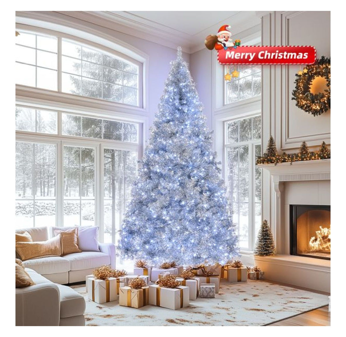 8ft Pre-Lit Silver Christmas Tree, 1350 Tips, 500 Lights, Hinged Xmas Pine Tree with Remote, Indoor Holiday Decorations