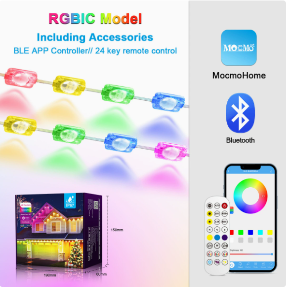 50ft RGB+IC Permanent Outdoor Eaves Lights With App & Remote Control, IP67 Waterproof LED Rain Gutter Lights for Year-Round Christmas Halloween, Valentine's Day, Holiday, Party Outdoor Decor