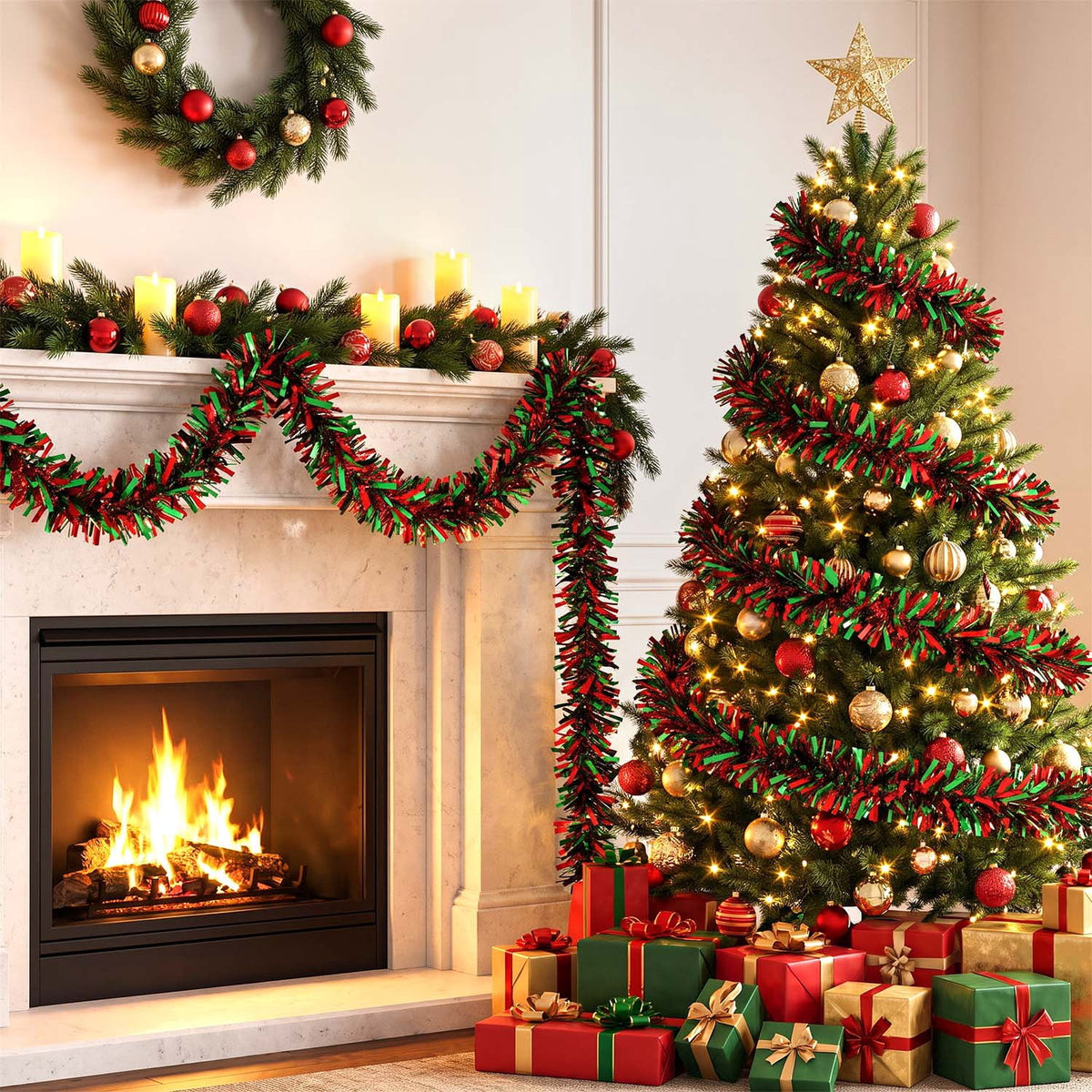 Ayieyill 33ft Tinsel Garland Hanging Christmas Tree Garland for Christmas Tree Decorations Indoor, Iridescent