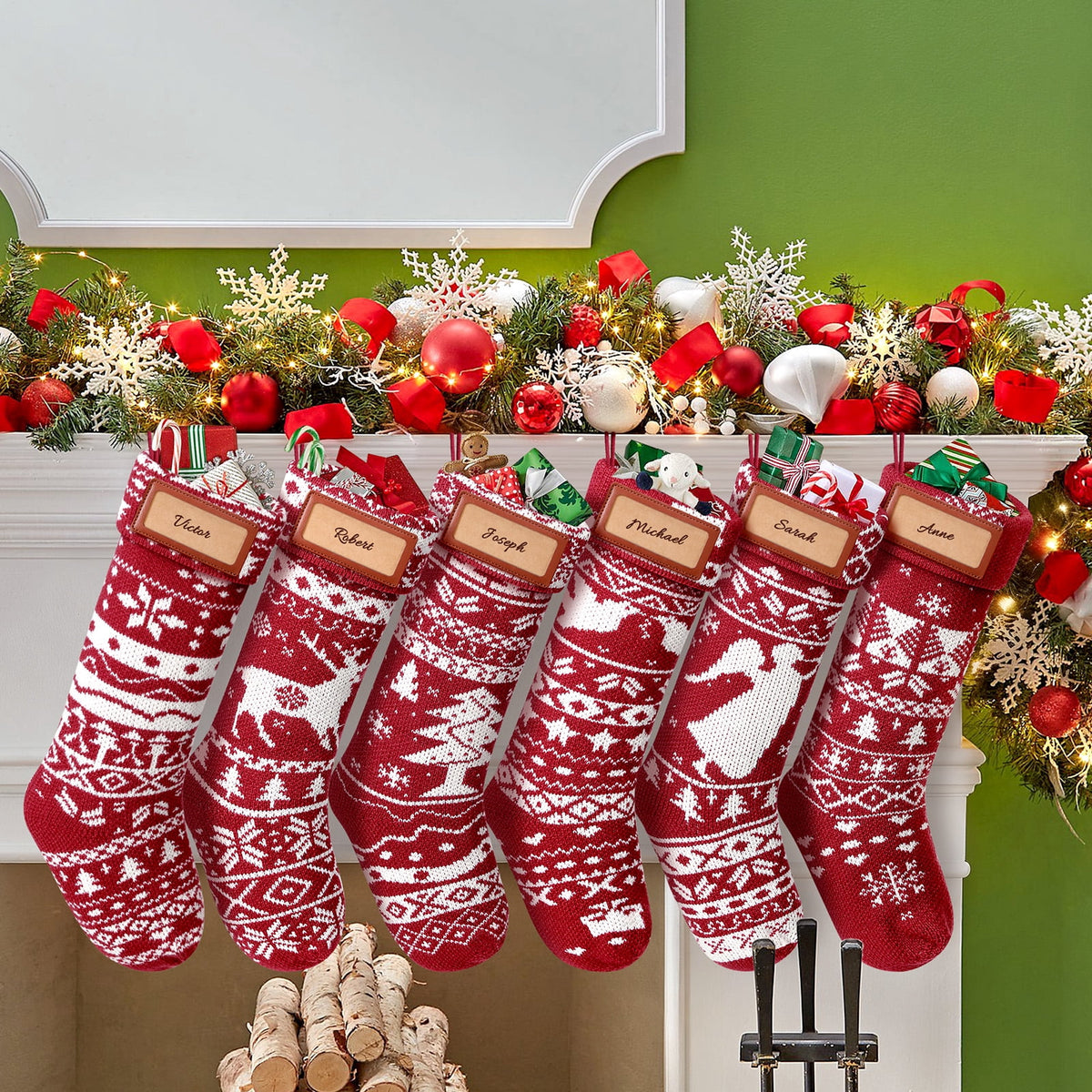 Ayieyill 6Pcs 18" Knit Christmas Stockings, Large Rustic Yarn Xmas Stockings for Christmas Family Holiday Decorations